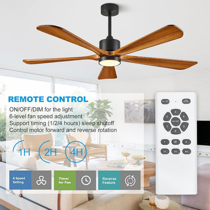 Ceiling Fans with Lights, 60 inch Outdoor Ceiling Fans with Lights for Patio and Remote Control, Modern Ceiling Fan with Light, 5 Solid Wood Blades 6-Speed Reversible DC Motor (Dark Brown)