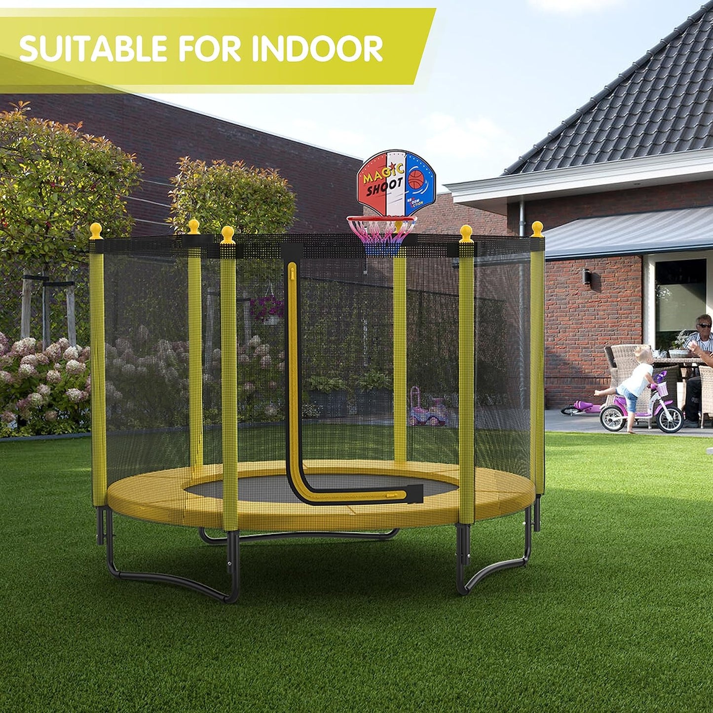 60" Kids Trampoline with Safety Enclosure Net, 5FT Toddler Indoor & Outdoor Trampoline/w Basketball Hoop - Parent-Child Interactive Game Fitness Trampoline Toy Gift for Boys and Girls Age 1-8