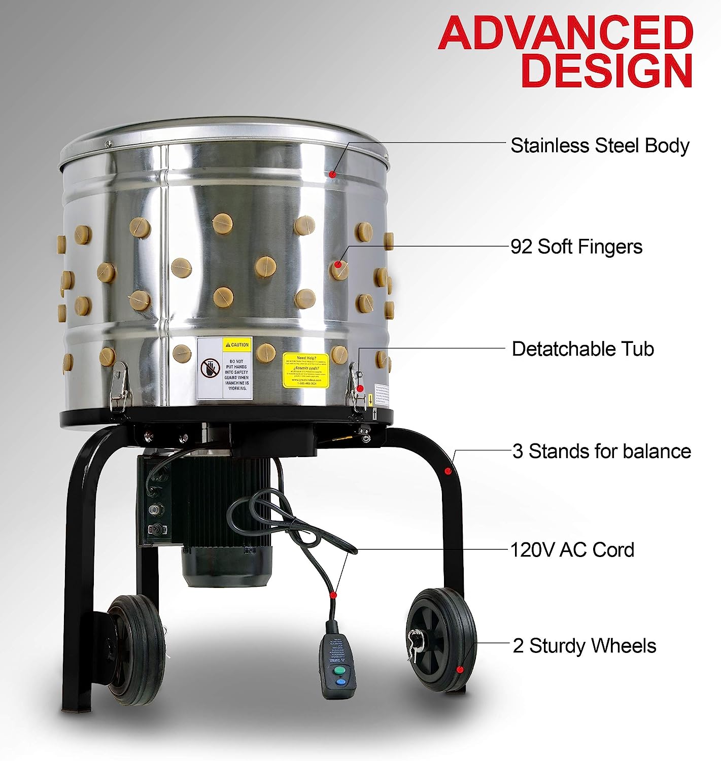 Kitchener Chicken Plucker De-Feather Remover Poultry and Fowl Food Processor Electric Stainless Steel Heavy Duty 1HP 120VAC 280RPM GFCI Connector 92 Soft Fingers 20" Drum Diameter