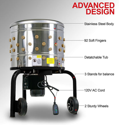 Kitchener Chicken Plucker De-Feather Remover Poultry and Fowl Food Processor Electric Stainless Steel Heavy Duty 1HP 120VAC 280RPM GFCI Connector 92 Soft Fingers 20" Drum Diameter