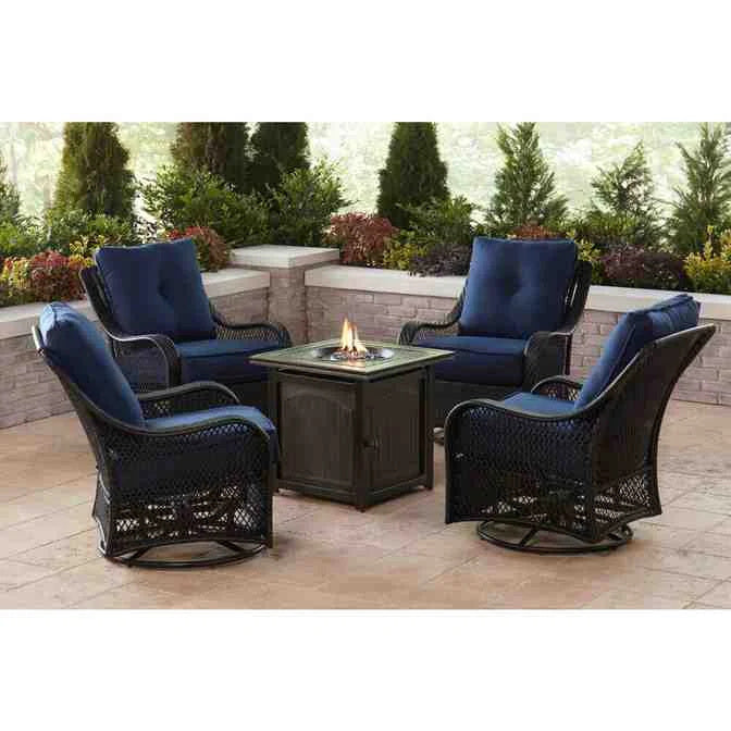 5-Piece Steel Patio Fire Pit Conversation Set with Navy Blue Cushions, Swivel Gliders and Square Fire Pit Table
