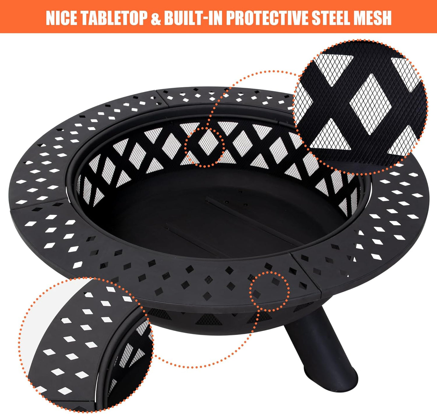 SUNCREAT 42” Patio Fire Pit Wood Burning with Mesh Spark Screen, Bonfire Outdoor firepit with Fireplace Poker, Black
