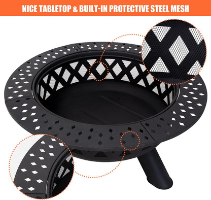 SUNCREAT 42” Patio Fire Pit Wood Burning with Mesh Spark Screen, Bonfire Outdoor firepit with Fireplace Poker, Black