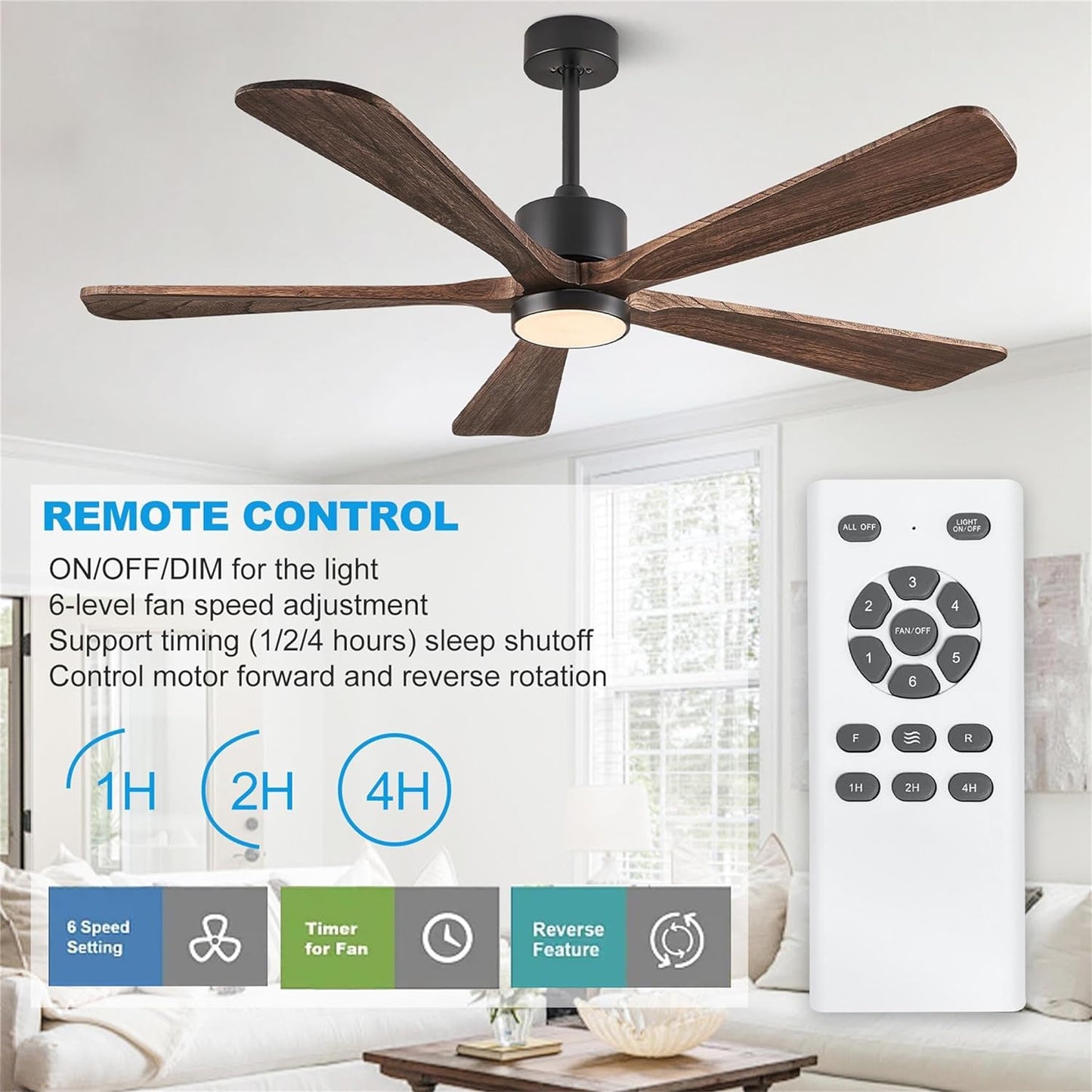 Ceiling Fans with Lights, 60 inch Outdoor Ceiling Fans with Lights for Patio and Remote Control, Modern Ceiling Fan with Light, 5 Solid Wood Blades 6-Speed Reversible DC Motor (Dark Brown)