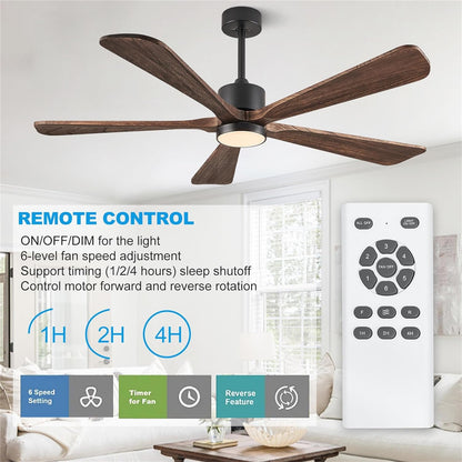 Ceiling Fans with Lights, 60 inch Outdoor Ceiling Fans with Lights for Patio and Remote Control, Modern Ceiling Fan with Light, 5 Solid Wood Blades 6-Speed Reversible DC Motor (Dark Brown)