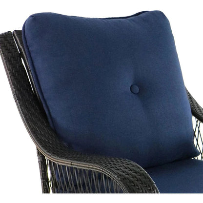 5-Piece Steel Patio Fire Pit Conversation Set with Navy Blue Cushions, Swivel Gliders and Square Fire Pit Table