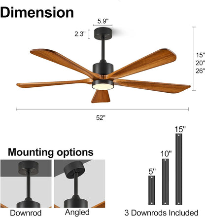 Ceiling Fans with Lights, 60 inch Outdoor Ceiling Fans with Lights for Patio and Remote Control, Modern Ceiling Fan with Light, 5 Solid Wood Blades 6-Speed Reversible DC Motor (Dark Brown)
