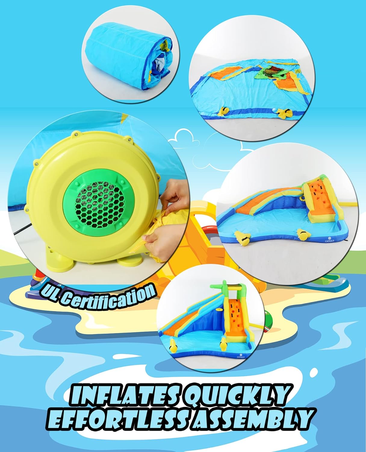 Inflatable Water Slides for Kids 8-in-1 Bounce House Water Park with 450W Blower Climbing Wall, Splash Pool, 2 Water Cannons, Basketball Hoop, Water Slide, Crocodile Sprinkler for Gift Backyard Party