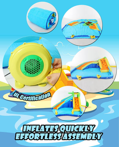 Inflatable Water Slides for Kids 8-in-1 Bounce House Water Park with 450W Blower Climbing Wall, Splash Pool, 2 Water Cannons, Basketball Hoop, Water Slide, Crocodile Sprinkler for Gift Backyard Party