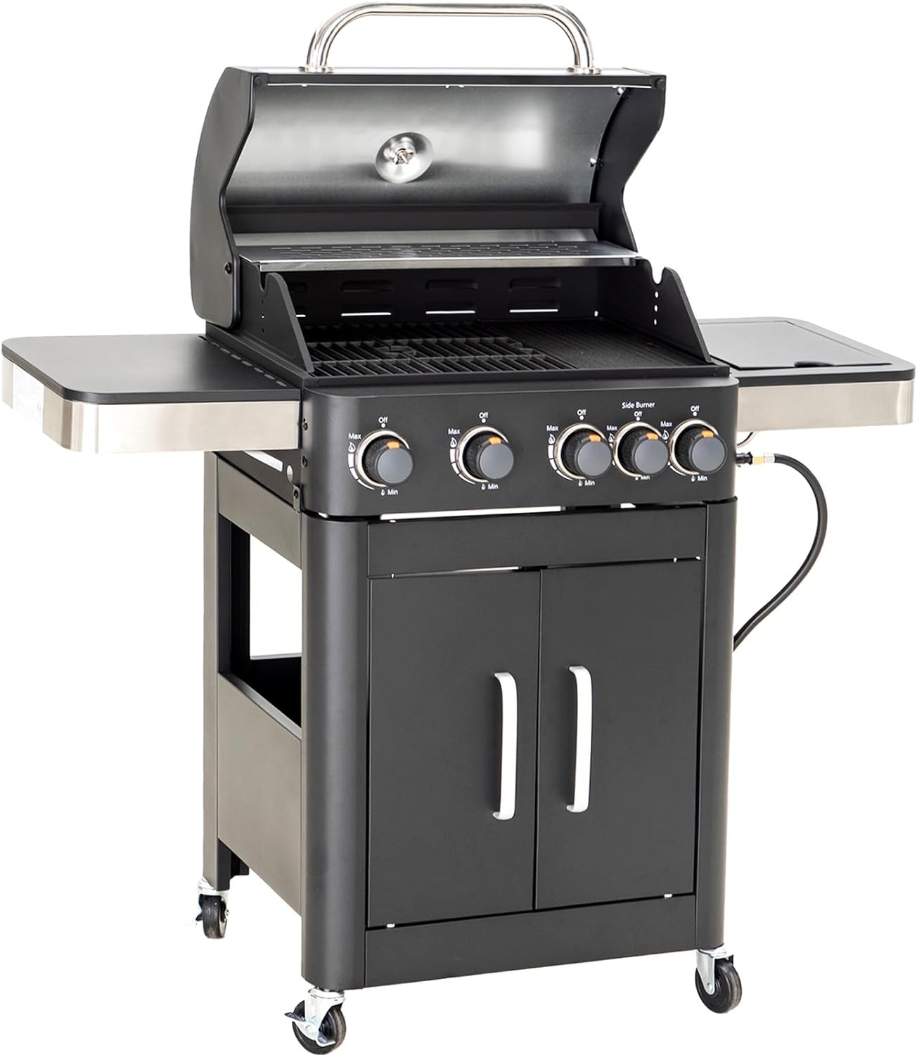 Burner Gas grill with side burner and enameled cast iron grille 42,000BTU outdoor cooking stainless steel propane grill Garden grill, silver