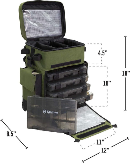 Elkton Outdoors Rolling Tackle Box with Wheels - Waterproof Rolling Fishing Backpack, 5 Removable Tackle Trays, 4 Rod Holders, Fishing Gifts for Men, Fish Tackle Bag, Roller Tackle Box
