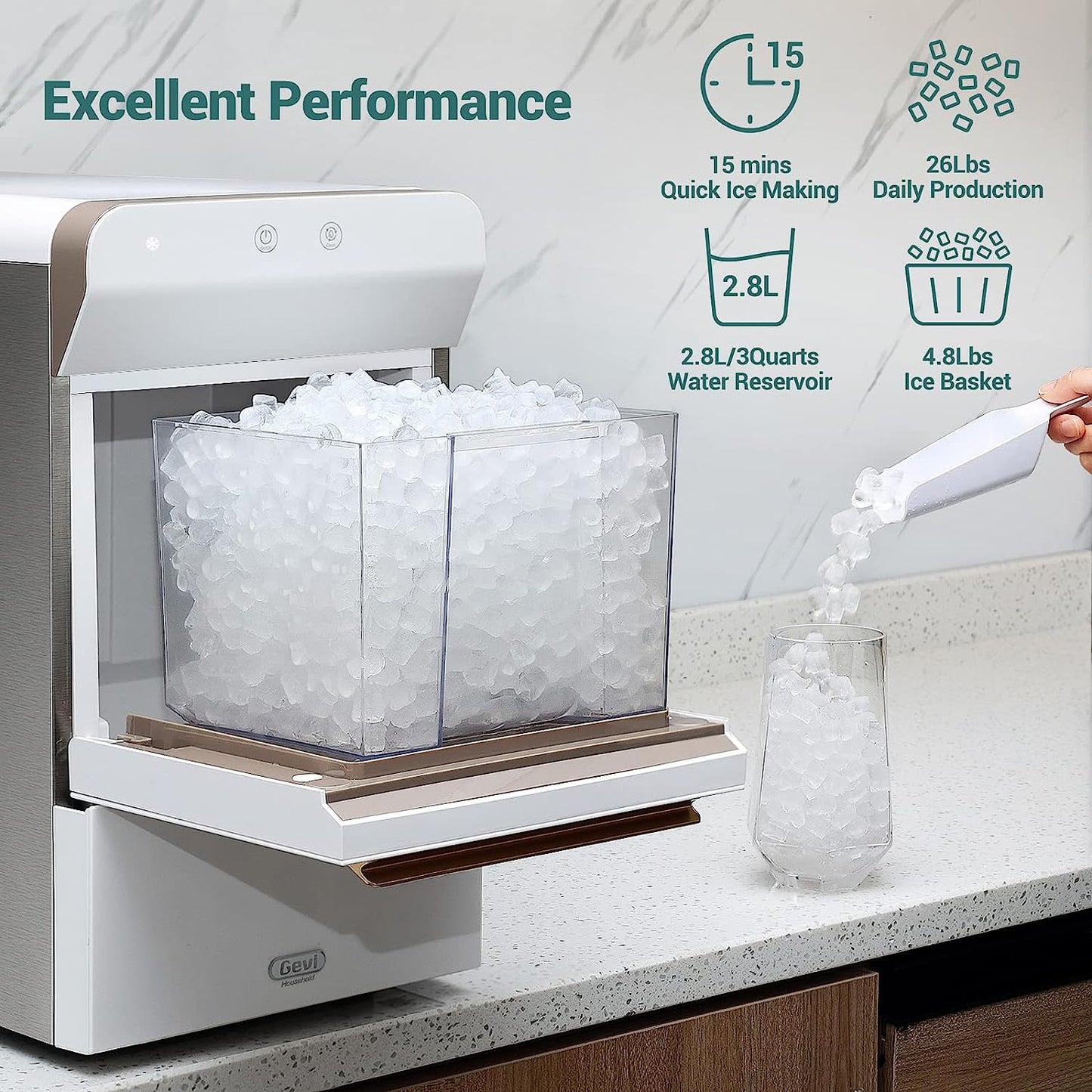 V2.0 Countertop Nugget Ice Maker | Self Cleaning Pellet Ice Maker | Open and Pour Refill | Stainless Steel Housing |