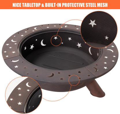 SUNCREAT 42” Patio Fire Pit Wood Burning with Mesh Spark Screen, Bonfire Outdoor firepit with Fireplace Poker, Black