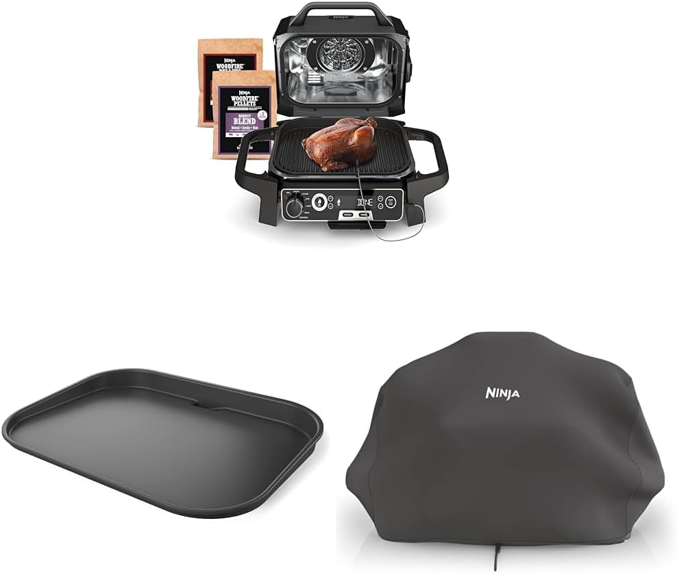 7-in-1 Grill & Smoker with Thermometer, Air Fryer, BBQ, Bake, Roast, Broil - Portable Electric Outdoor Grill, Grey