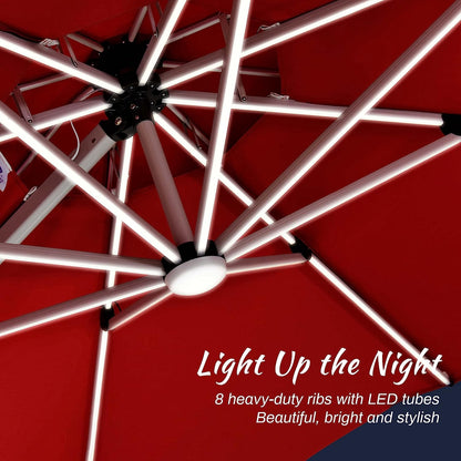 12ft Solar LED Patio Umbrella Outdoor Round Umbrella Large Cantilever Umbrella with LED Lights Windproof Bias Umbrella Heavy Duty Parasol for Garden Deck Pool Patio