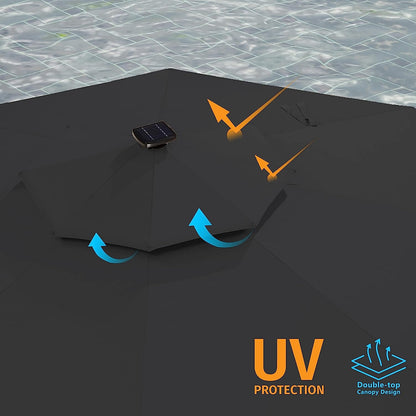 12ft Solar LED Patio Umbrella Outdoor Round Umbrella Large Cantilever Umbrella with LED Lights Windproof Bias Umbrella Heavy Duty Parasol for Garden Deck Pool Patio