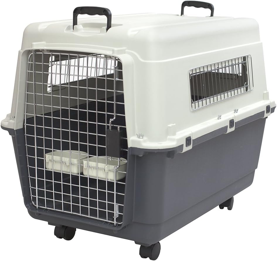 SportPet Designs Plastic Kennels Rolling Plastic Airline Approved Wire Door Travel Dog Crate, XXX-Large, Gray