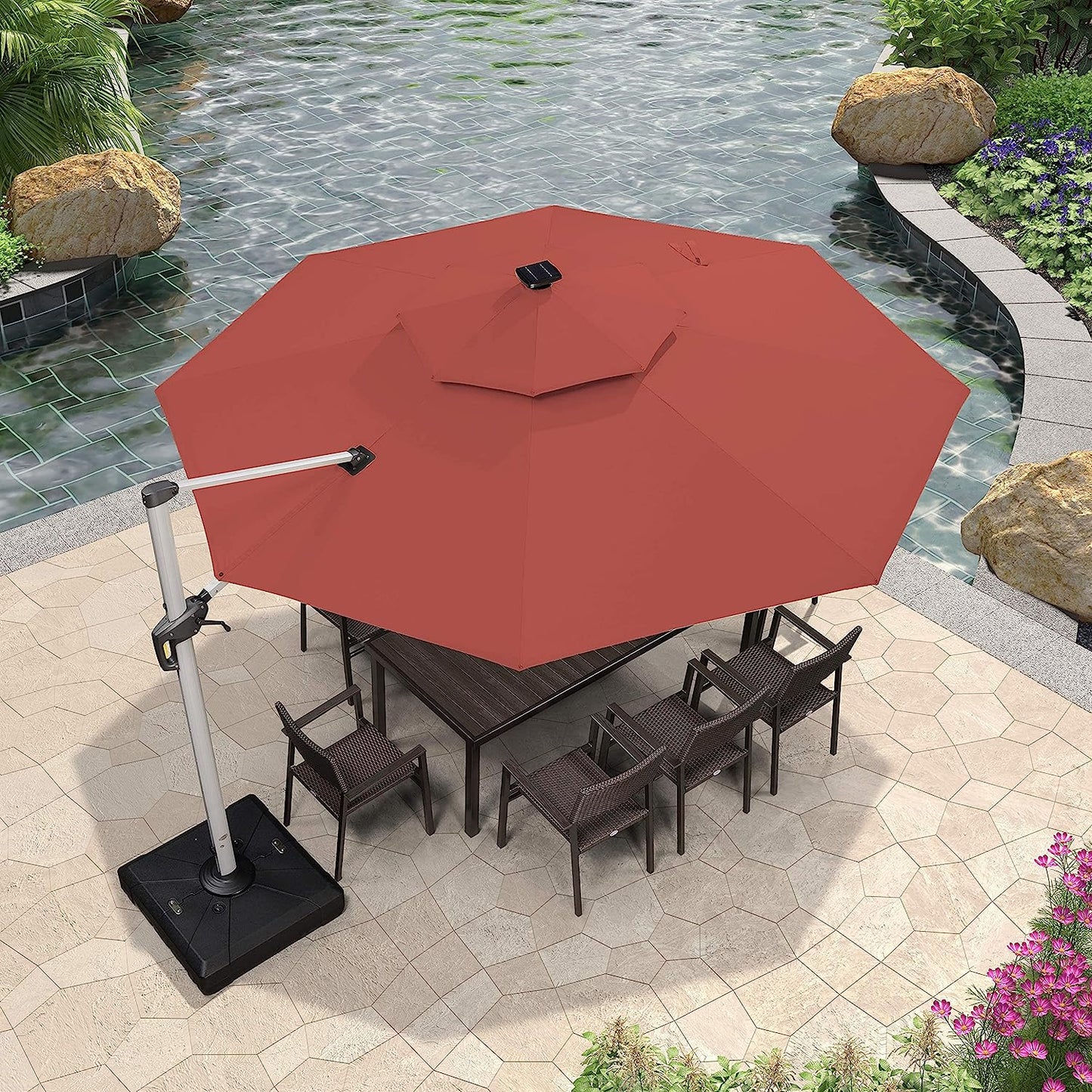 12ft Solar LED Patio Umbrella Outdoor Round Umbrella Large Cantilever Umbrella with LED Lights Windproof Bias Umbrella Heavy Duty Parasol for Garden Deck Pool Patio