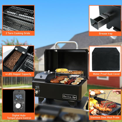 Portable Wood Pellet Grill and Smoker,Electric Outdoor 8 in 1 Tabletop Grills for RV Camping Tailgating RV Cooking BBQ, Intelligent Temperature Control and Superheated Steam Technology