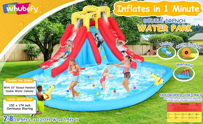 Inflatable Water Slides for Kids 8-in-1 Bounce House Water Park with 450W Blower Climbing Wall, Splash Pool, 2 Water Cannons, Basketball Hoop, Water Slide, Crocodile Sprinkler for Gift Backyard Party
