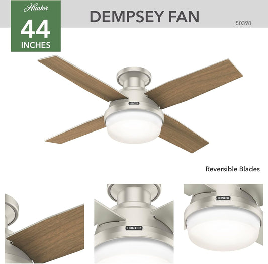 Hunter Fan Company Dempsey Low Profile Indoor / Outdoor Ceiling Fan with LED Light and Remote Control, 44", Matte Nickel