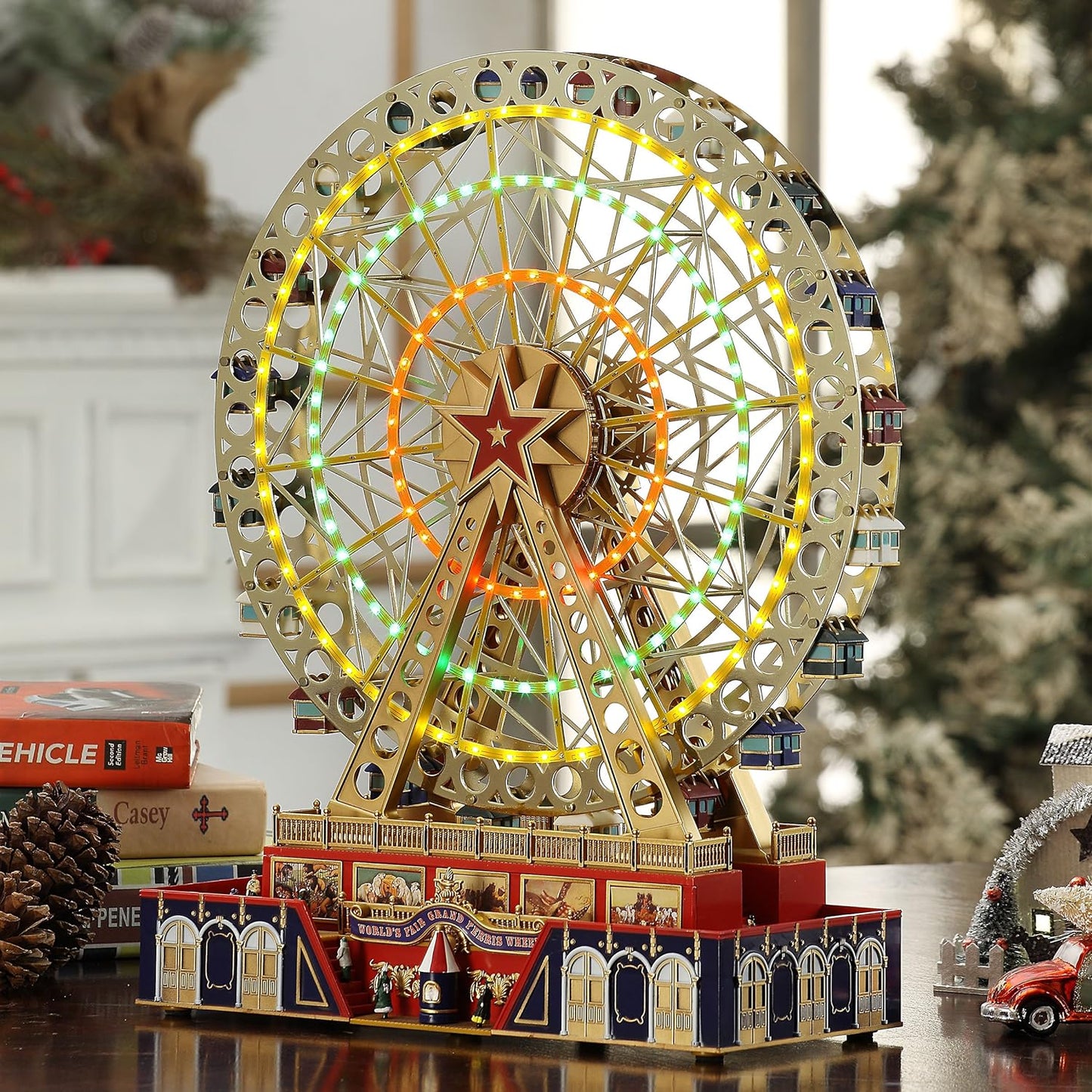 World's Fair Ferris Wheel Musical Animation Indoor Christmas Decor, 15", Gold & Very Merry Carousel Musical Animation Indoor Christmas Decor, 12", Red