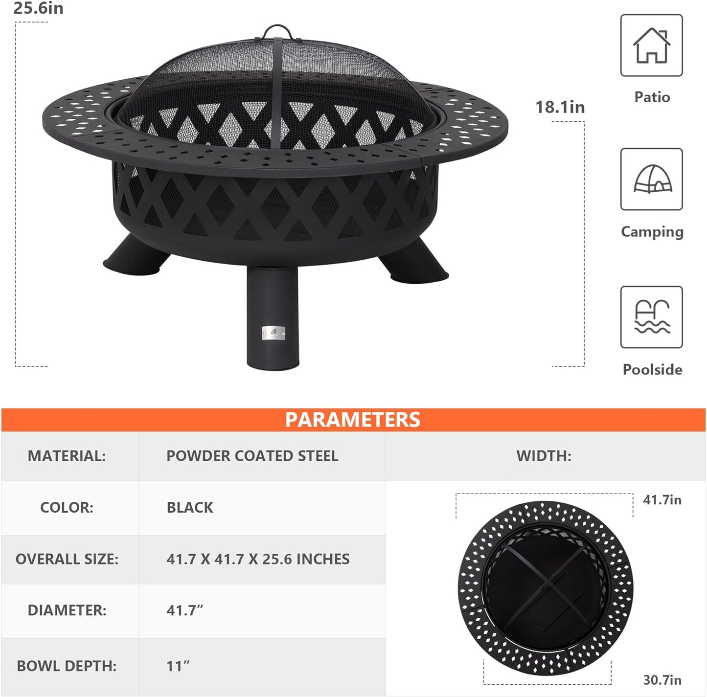 SUNCREAT 42” Patio Fire Pit Wood Burning with Mesh Spark Screen, Bonfire Outdoor firepit with Fireplace Poker, Black