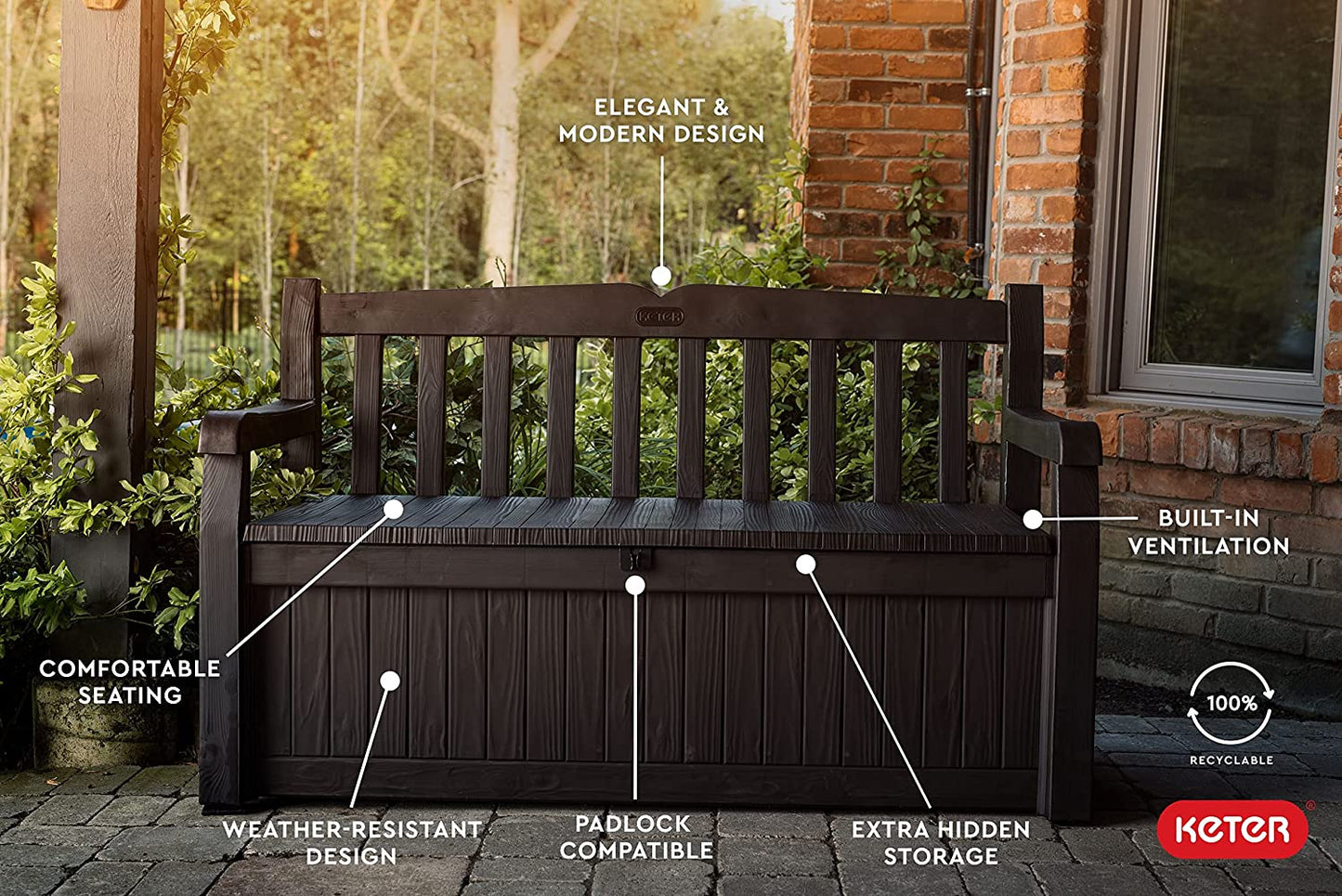 Keter Solana 70 Gallon Storage Bench Deck Box for Patio Furniture, Front Porch Decor and Outdoor Seating – Perfect to Store Garden Tools and Pool Toys, Brown