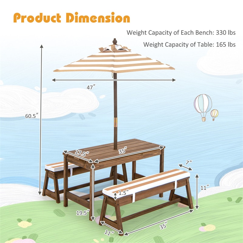 Wooden Kids Picnic Table Bench Set Children Outdoor Activity Table with Cushions & Height Adjustable Umbrella