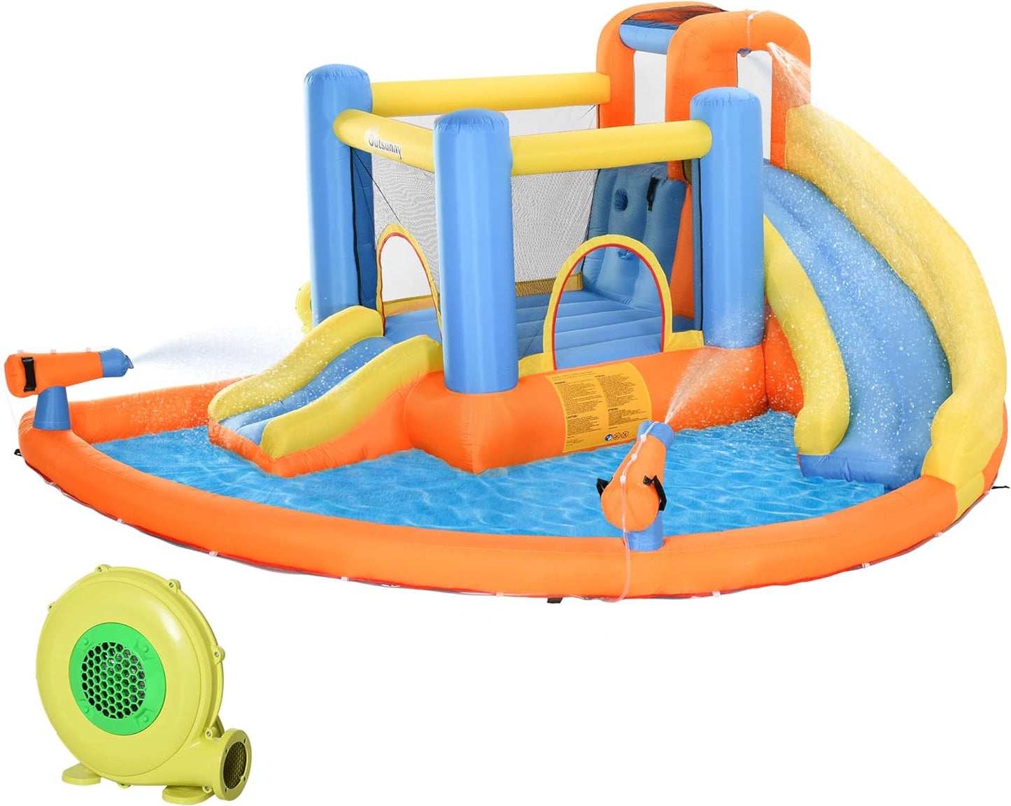 Kids Inflatable Water Slide 5-in-1 Bounce House Water Park Jumping Castle with Water Pool, Slide, Climbing Walls, & 2 Water Cannons, 450W Air Blower