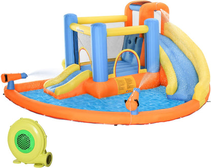 Kids Inflatable Water Slide 5-in-1 Bounce House Water Park Jumping Castle with Water Pool, Slide, Climbing Walls, & 2 Water Cannons, 450W Air Blower