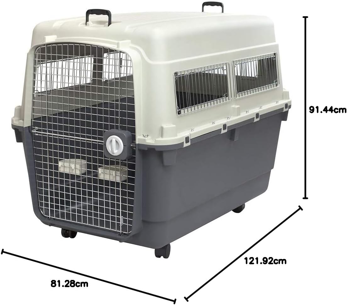 SportPet Designs Plastic Kennels Rolling Plastic Airline Approved Wire Door Travel Dog Crate, XXX-Large, Gray