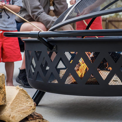SUNCREAT 42” Patio Fire Pit Wood Burning with Mesh Spark Screen, Bonfire Outdoor firepit with Fireplace Poker, Black