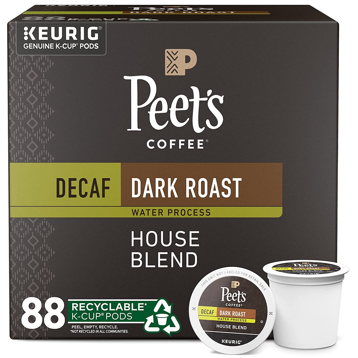 Peet's Coffee Dark Roast Decaffeinated Coffee Decaf House Blend 88 Count (4 Boxes of 22 K-Cup Pods)