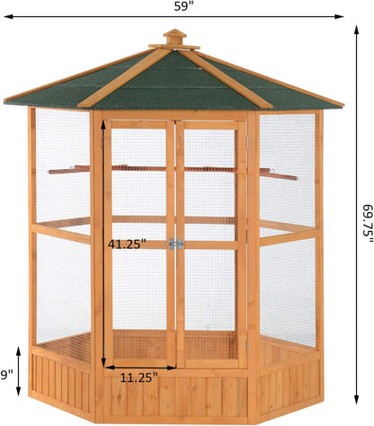 Large Wooden Hexagonal Outdoor Aviary Flight Bird Cage with Covered Roof