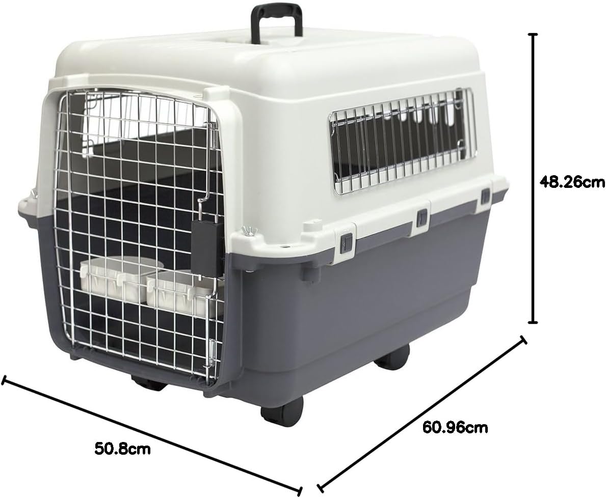 SportPet Designs Plastic Kennels Rolling Plastic Airline Approved Wire Door Travel Dog Crate, XXX-Large, Gray