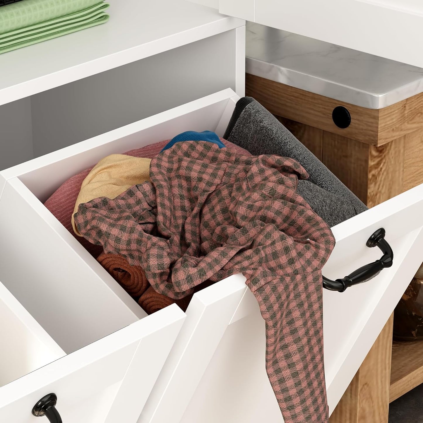 Storage cabinet with laundry basket, display cabinet