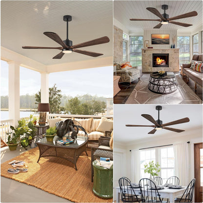 Ceiling Fans with Lights, 60 inch Outdoor Ceiling Fans with Lights for Patio and Remote Control, Modern Ceiling Fan with Light, 5 Solid Wood Blades 6-Speed Reversible DC Motor (Dark Brown)