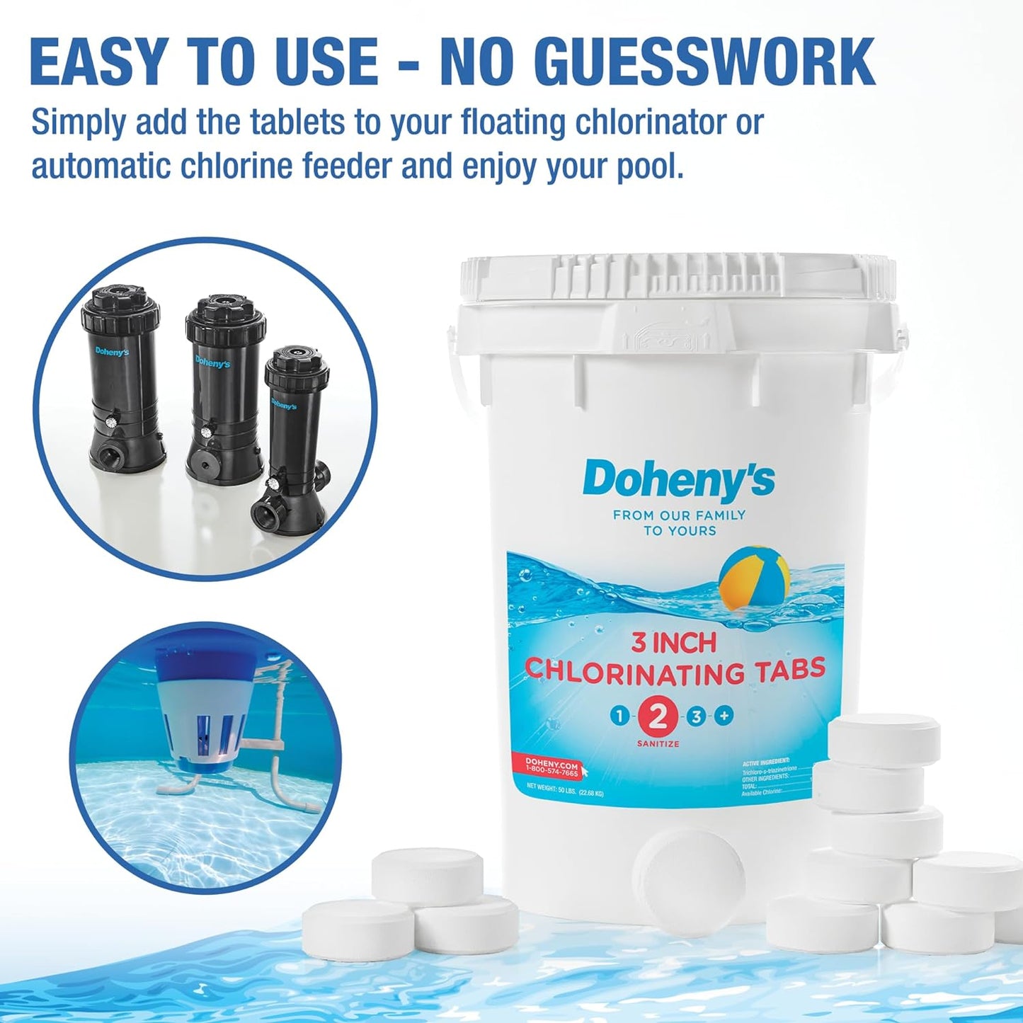 Doheny's 3 Inch Stabilized Chlorine Tablets | Pro-Grade Pool Sanitizer, Long Lasting, Slow Dissolving, 99% Pure Tri-Chlor, Individually Wrapped - 50lb