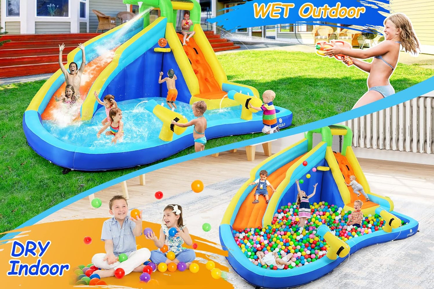 Inflatable Water Slides for Kids 8-in-1 Bounce House Water Park with 450W Blower Climbing Wall, Splash Pool, 2 Water Cannons, Basketball Hoop, Water Slide, Crocodile Sprinkler for Gift Backyard Party