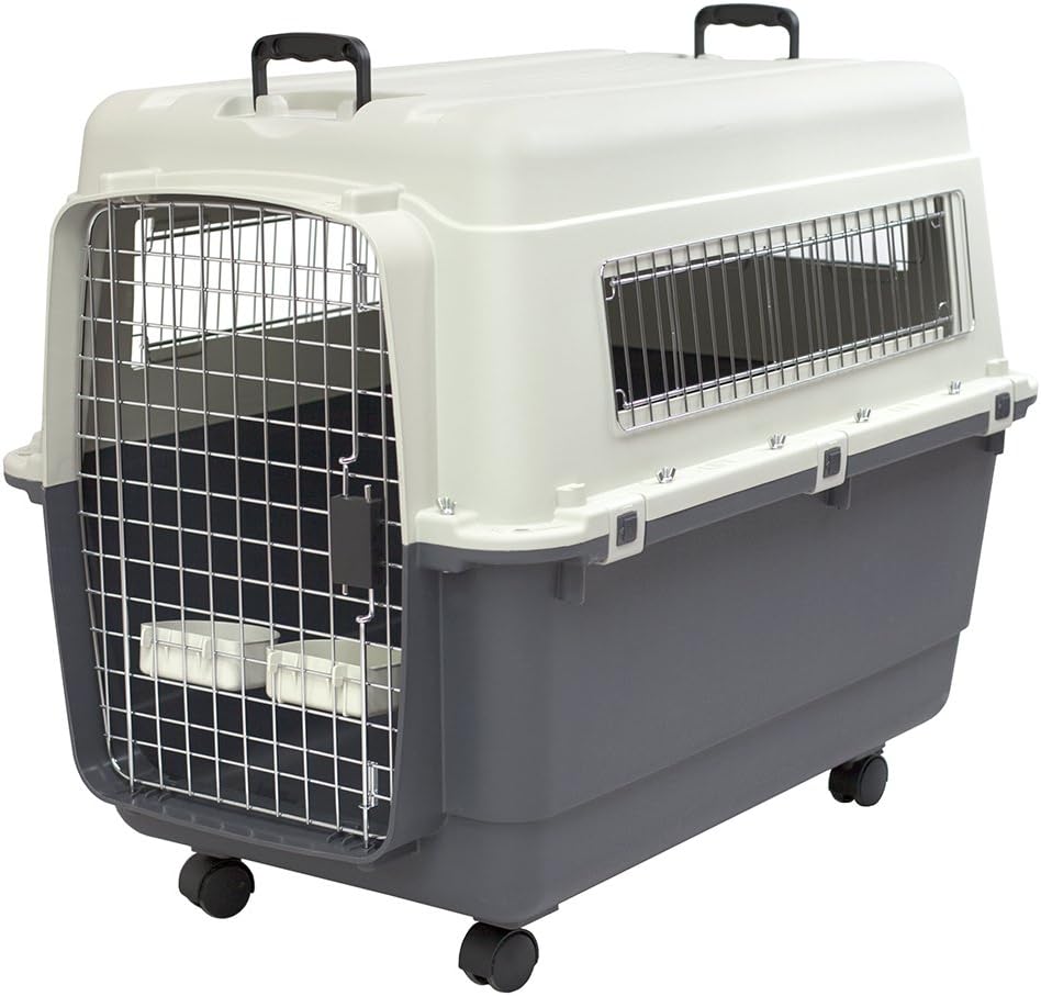 SportPet Designs Plastic Kennels Rolling Plastic Airline Approved Wire Door Travel Dog Crate, XXX-Large, Gray