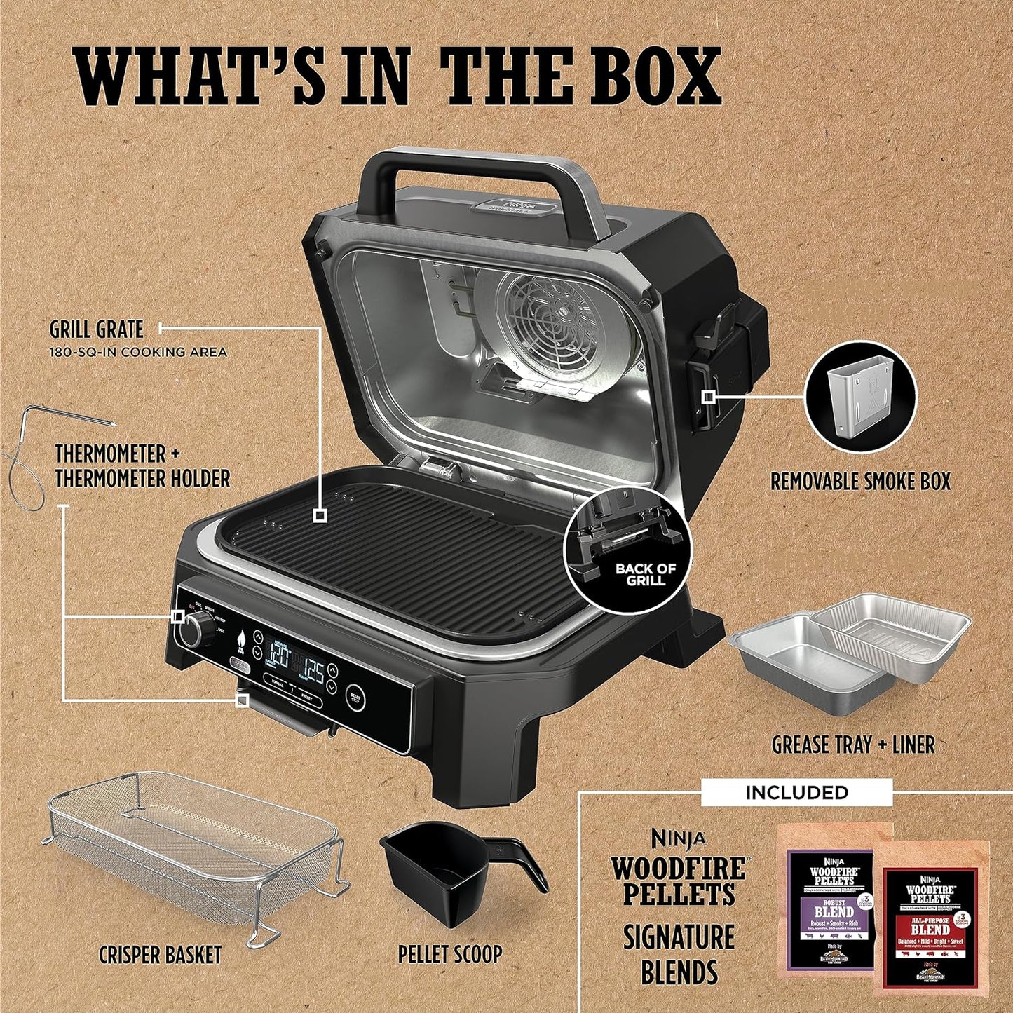 7-in-1 Grill & Smoker with Thermometer, Air Fryer, BBQ, Bake, Roast, Broil - Portable Electric Outdoor Grill, Grey