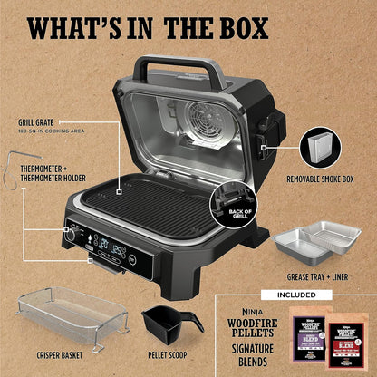 7-in-1 Grill & Smoker with Thermometer, Air Fryer, BBQ, Bake, Roast, Broil - Portable Electric Outdoor Grill, Grey