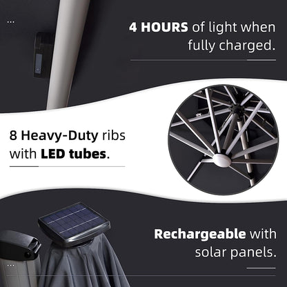 12ft Solar LED Patio Umbrella Outdoor Round Umbrella Large Cantilever Umbrella with LED Lights Windproof Bias Umbrella Heavy Duty Parasol for Garden Deck Pool Patio