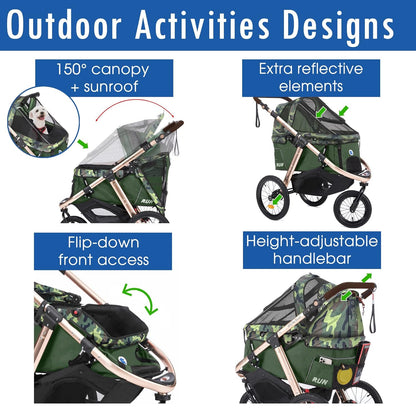 Jogging Sports Stroller with Comfort Rubber Wheels/Zipper-Less Entry/1-Hand Quick Fold/Aluminum Frame for Small/Medium Dogs, Cats and Pets (Green Camo)