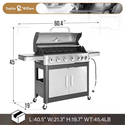 Burner Gas grill with side burner and enameled cast iron grille 42,000BTU outdoor cooking stainless steel propane grill Garden grill, silver