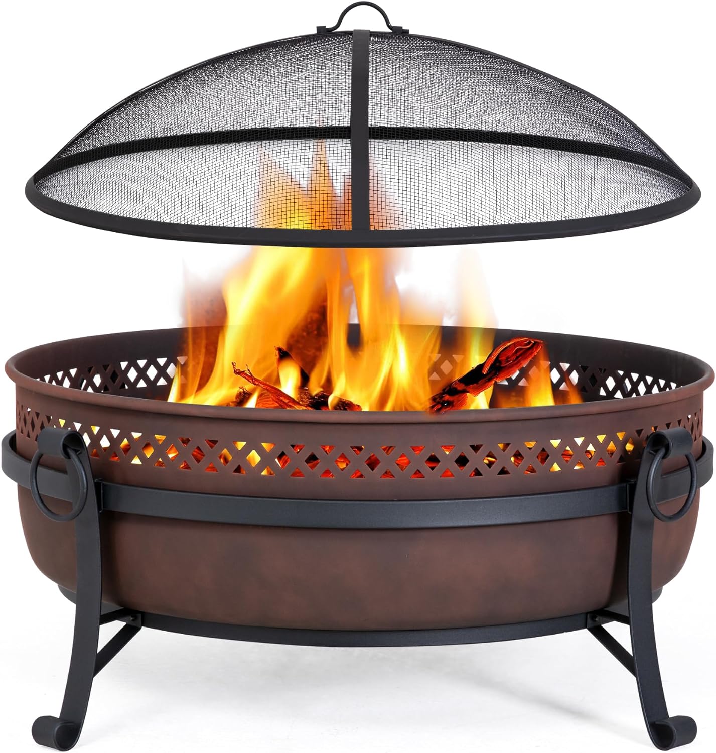 SUNCREAT 42” Patio Fire Pit Wood Burning with Mesh Spark Screen, Bonfire Outdoor firepit with Fireplace Poker, Black