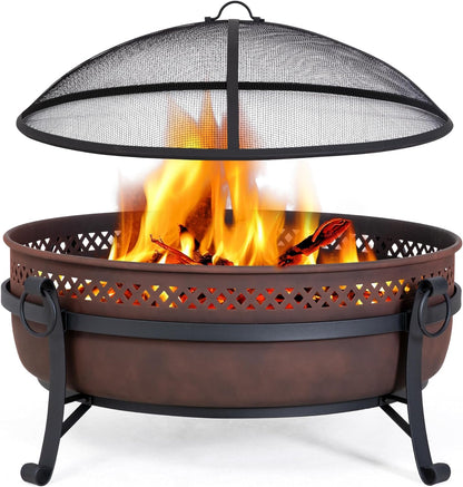 SUNCREAT 42” Patio Fire Pit Wood Burning with Mesh Spark Screen, Bonfire Outdoor firepit with Fireplace Poker, Black