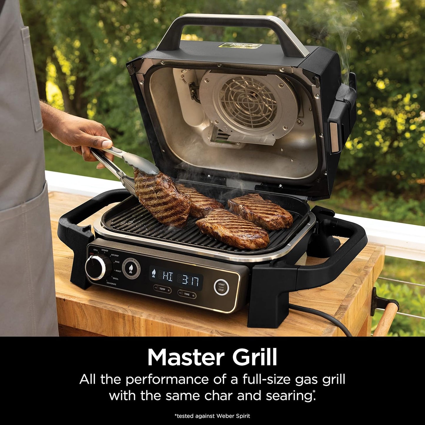 7-in-1 Grill & Smoker with Thermometer, Air Fryer, BBQ, Bake, Roast, Broil - Portable Electric Outdoor Grill, Grey