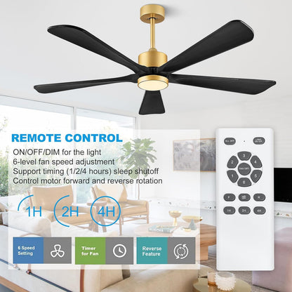 Ceiling Fans with Lights, 60 inch Outdoor Ceiling Fans with Lights for Patio and Remote Control, Modern Ceiling Fan with Light, 5 Solid Wood Blades 6-Speed Reversible DC Motor (Dark Brown)